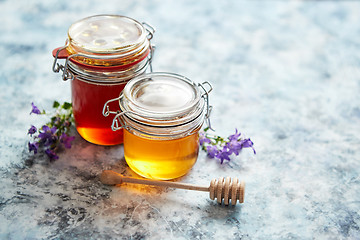 Image showing Jars with different kinds of fresh organic honey