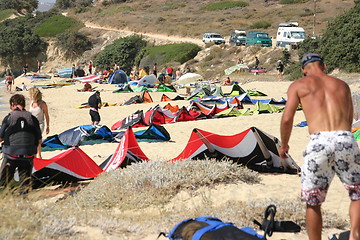 Image showing Preparing to kite on beach