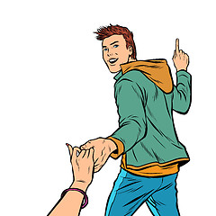 Image showing follow me. young man leads a girl. isolate on white background