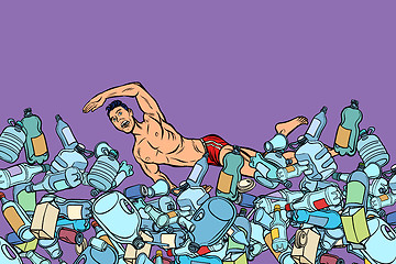 Image showing swimmer at plastic waste. ocean pollution. ecology