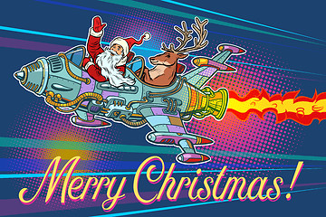 Image showing Merry Christmas. Retro Santa Claus with a deer flying on a rocke