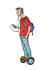 Image showing scooter gyro. young man teenager, headphones and smartphone