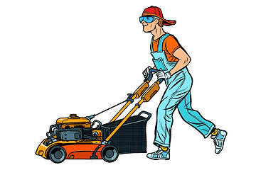 Image showing lawn mower worker. Isolate on white background