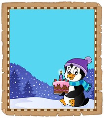 Image showing Penguin holding cake theme parchment 2