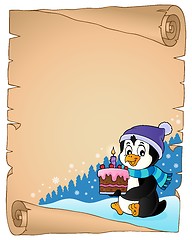 Image showing Penguin holding cake theme parchment 1