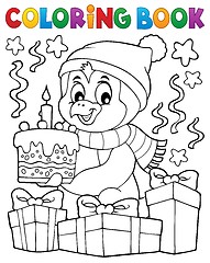 Image showing Coloring book penguin with cake theme 2