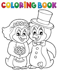 Image showing Coloring book penguin wedding theme 1