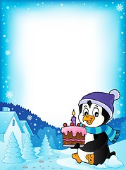 Image showing Penguin holding cake theme frame 1