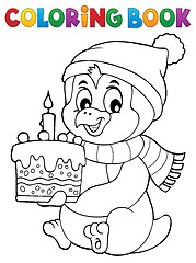 Image showing Coloring book penguin with cake theme 1