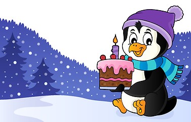 Image showing Penguin holding cake theme image 2