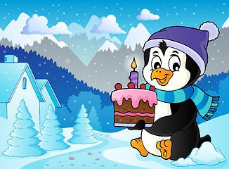 Image showing Penguin holding cake theme image 3