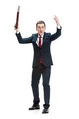 Image showing Funny cheerful businessman over white background