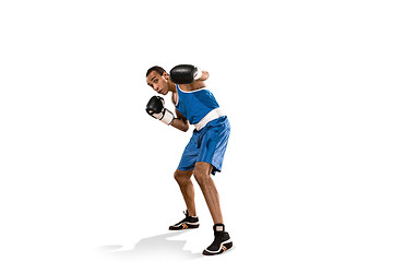 Image showing Sporty man during boxing exercise. Photo of boxer on white background