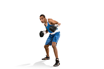 Image showing Sporty man during boxing exercise. Photo of boxer on white background