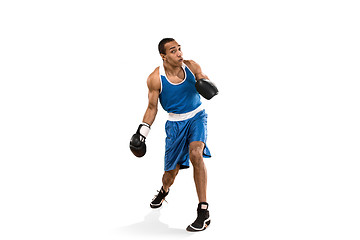 Image showing Sporty man during boxing exercise. Photo of boxer on white background