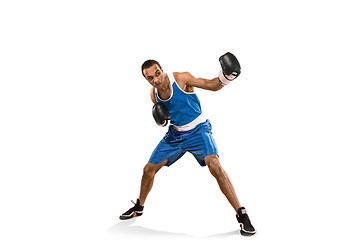 Image showing Sporty man during boxing exercise. Photo of boxer on white background