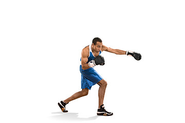 Image showing Sporty man during boxing exercise. Photo of boxer on white background