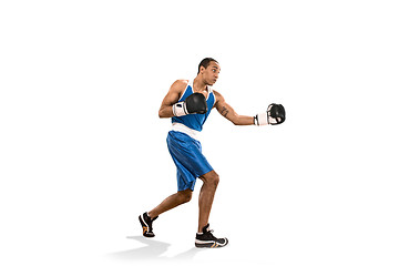 Image showing Sporty man during boxing exercise. Photo of boxer on white background