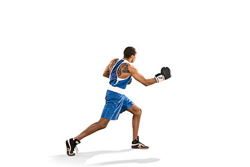 Image showing Sporty man during boxing exercise. Photo of boxer on white background