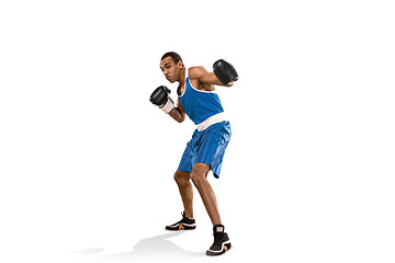 Image showing Sporty man during boxing exercise. Photo of boxer on white background