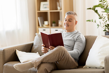 Image showing man sitting on sofa and reading book at home