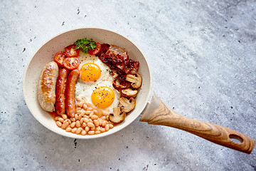 Image showing Traditional Full English Breakfast on frying pan.