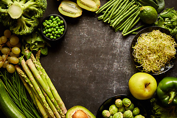 Image showing Green healthy food composition with avocado, broccoli, apple, smoothie...