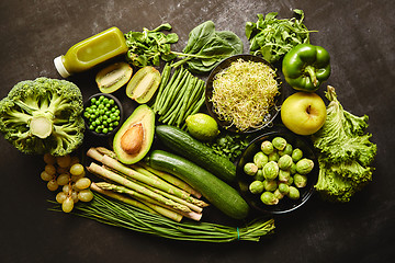 Image showing Green healthy food composition with avocado, broccoli, apple, smoothie...