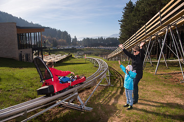 Image showing Happy family driving on alpine coaster