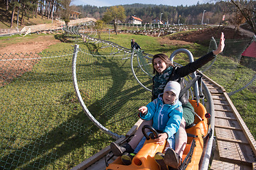 Image showing mother and son enjoys driving on alpine coaster