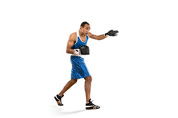 Image showing Sporty man during boxing exercise. Photo of boxer on white background