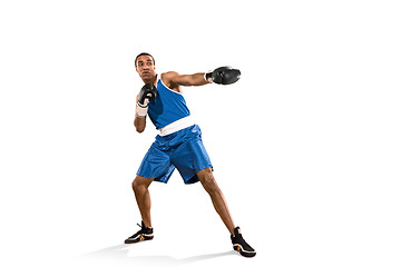 Image showing Sporty man during boxing exercise. Photo of boxer on white background