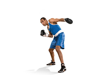 Image showing Sporty man during boxing exercise. Photo of boxer on white background