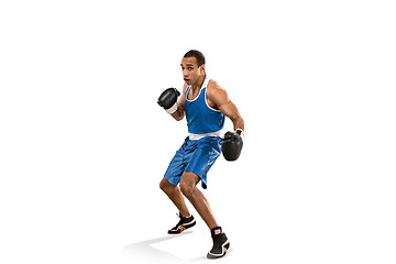 Image showing Sporty man during boxing exercise. Photo of boxer on white background