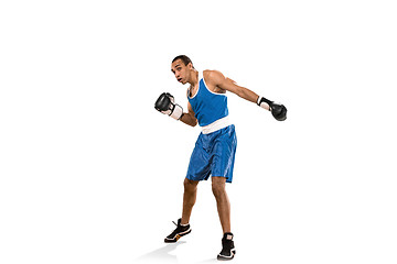 Image showing Sporty man during boxing exercise. Photo of boxer on white background