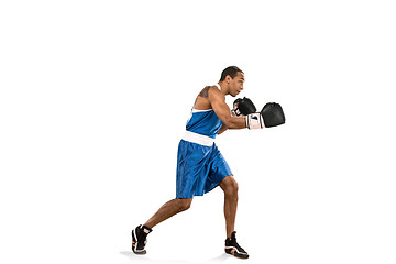 Image showing Sporty man during boxing exercise. Photo of boxer on white background