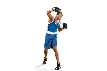 Image showing Sporty man during boxing exercise. Photo of boxer on white background