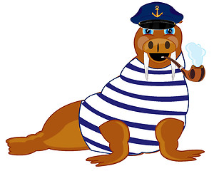 Image showing Cartoon animal walrus in service cap of the captain with tube