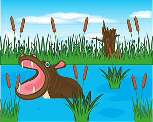 Image showing African animal hippopotamus sails in river.Vector illustration