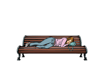 Image showing young woman sleeping on a bench. homeless