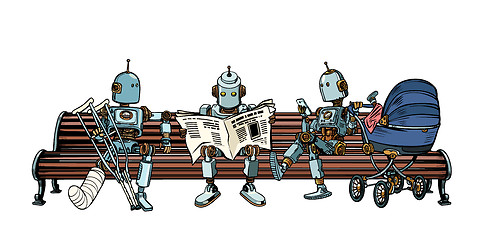 Image showing Robots are resting on a park bench