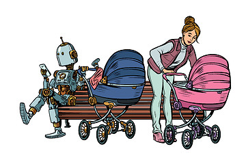 Image showing young mother and robot with a baby carriage, park bench