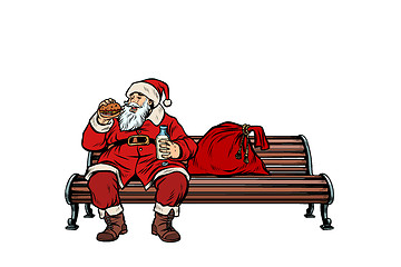 Image showing Santa Claus eats fast food Burger, Park bench