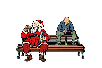 Image showing Santa Claus eats fast food Burger, hooligan drinks drunk
