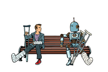 Image showing a robot and a man with broken legs with crutches and in a cast