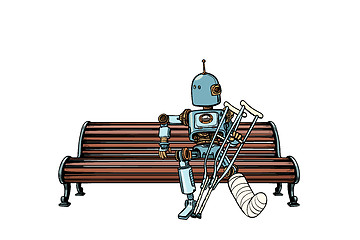 Image showing Robot with broken leg in plaster, rest in the Park