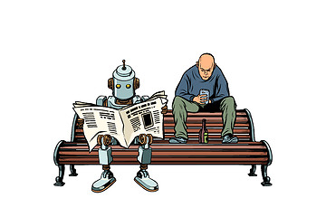 Image showing The robot reads the morning newspaper, a drunk man sits next