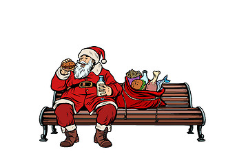 Image showing Santa Claus hungry eating on a Park bench