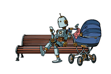 Image showing mom robot resting in the Park with a baby stroller. motherhood