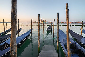 Image showing Moored gondolas in the morning